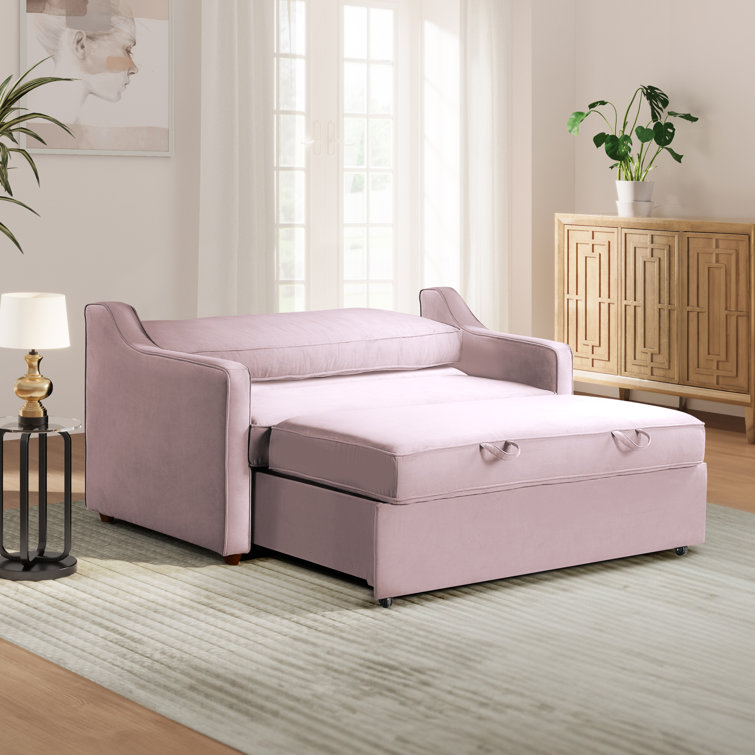 Mauve Velvet Full Sleeper Loveseat with Wood Legs