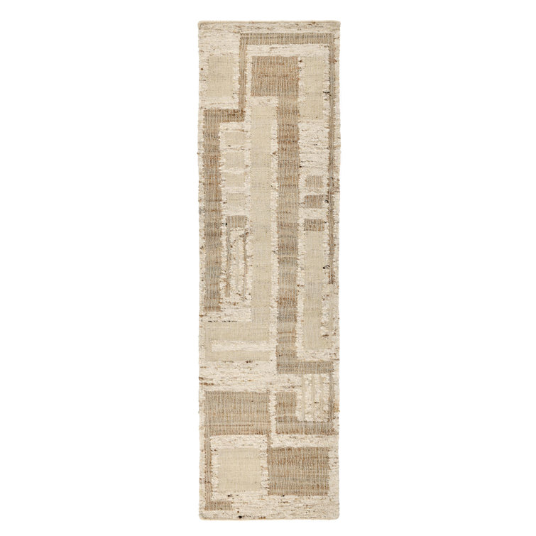 Ivory and Beige Handwoven Wool and Cotton Runner Rug