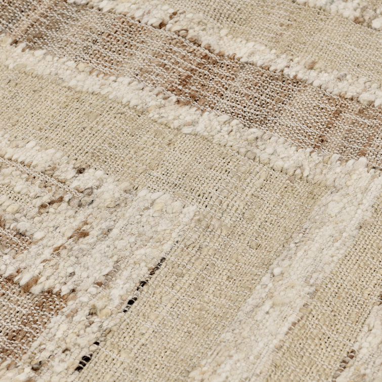 Ivory and Beige Handwoven Wool and Cotton Runner Rug