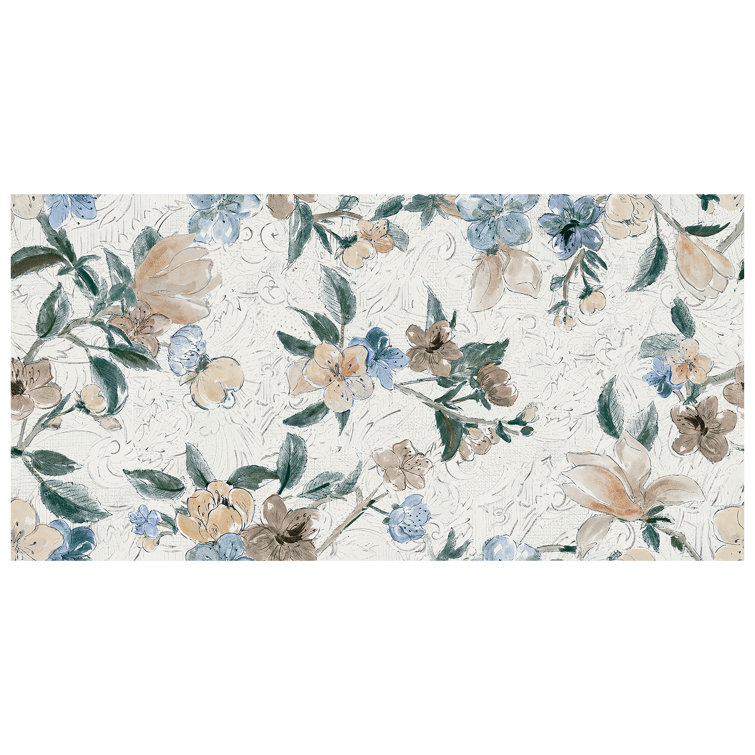 Parete Setoso Large White and Blue Floral Glazed Porcelain Tile