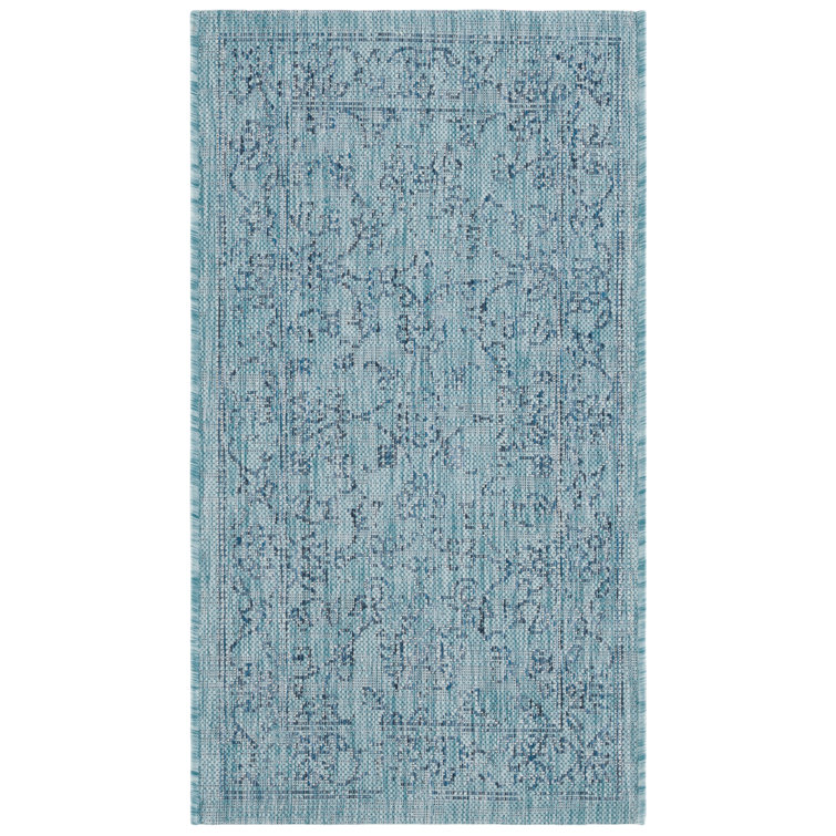 Aqua and Navy Botanical Non-slip Indoor/Outdoor Area Rug