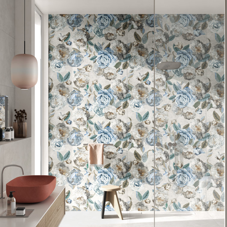 Parete Fiori 24" x 47" Gray and Blue Glazed Porcelain Wall & Floor Tile