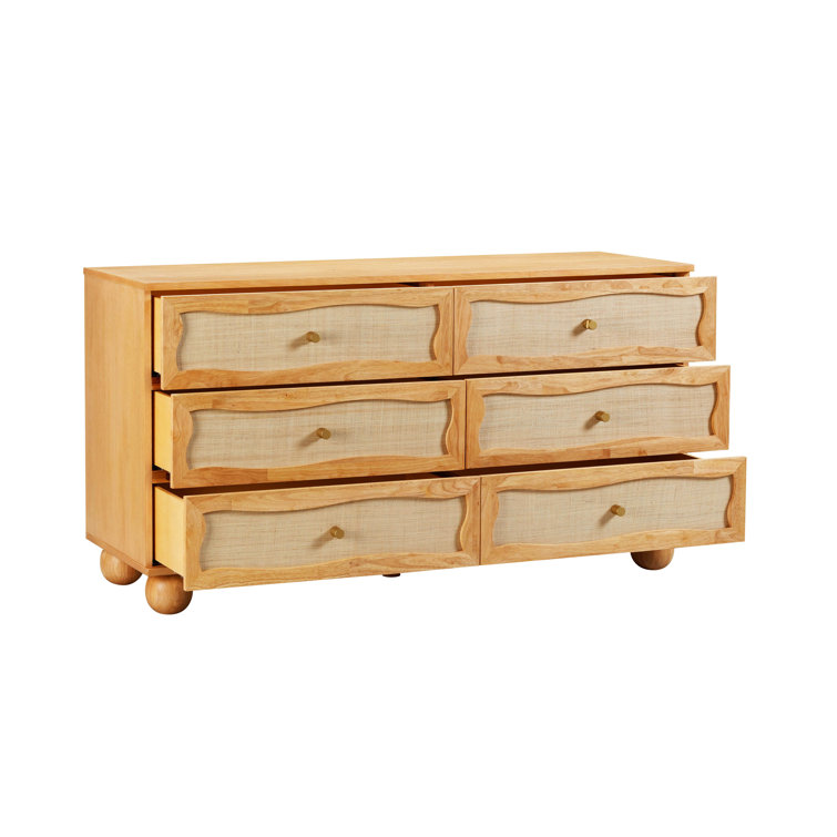 Natural Mango Wood and Rattan Coastal 6-Drawer Dresser