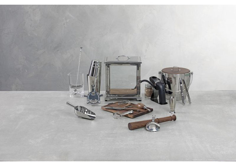 Silver and Walnut 4-Piece Bar Tool Set with Strainer and Jigger