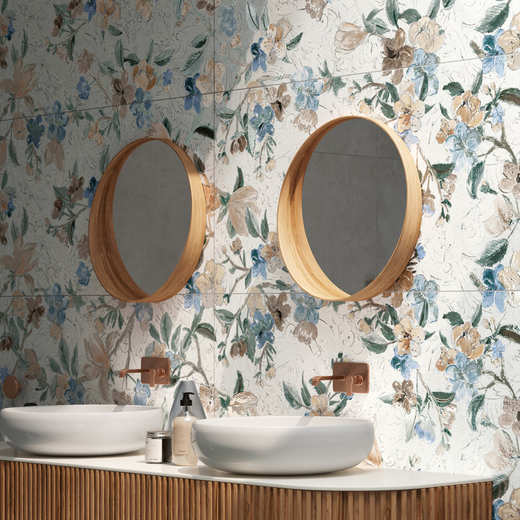 Parete Setoso Large White and Blue Floral Glazed Porcelain Tile