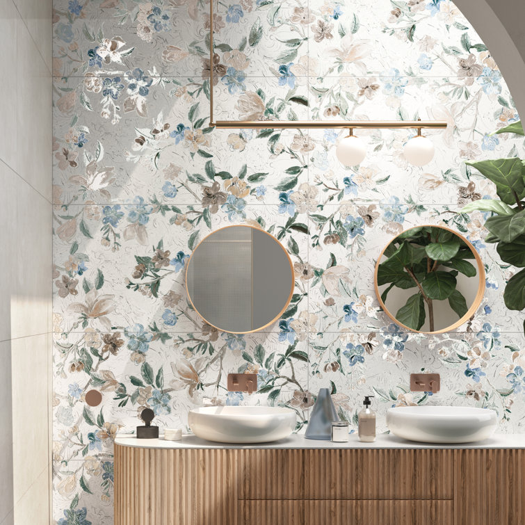 Parete Setoso Large White and Blue Floral Glazed Porcelain Tile