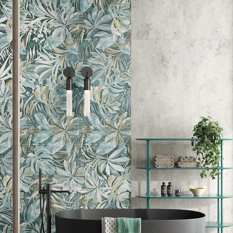 Parete Tropici Large Blue Glazed Porcelain Floral Wall & Floor Tile