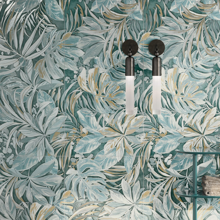 Parete Tropici Large Blue Glazed Porcelain Floral Wall & Floor Tile