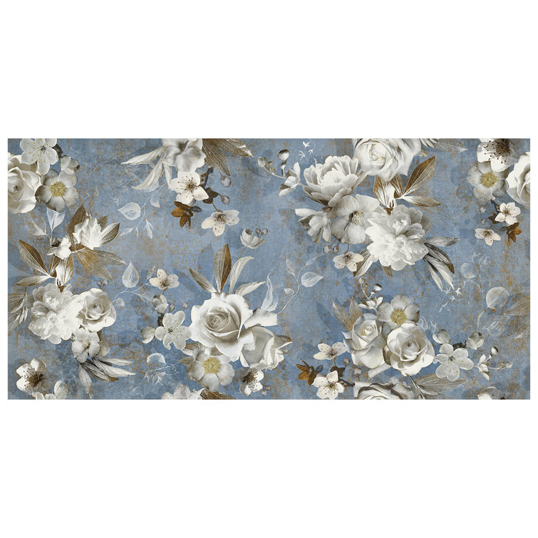 Parete Setoso Large Blue and White Glazed Porcelain Floral Tile