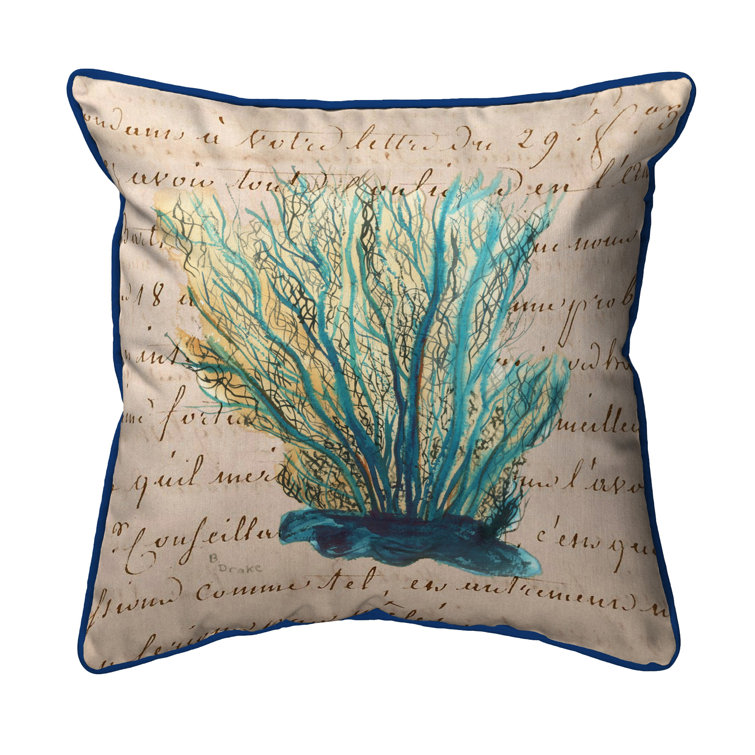 Coastal Charm Blue Coral Embroidered 12" Square Polyester Throw Pillow Set
