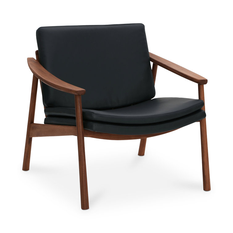 Pebbled Black Genuine Leather and Walnut Lounge Chair
