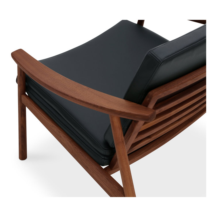 Pebbled Black Genuine Leather and Walnut Lounge Chair