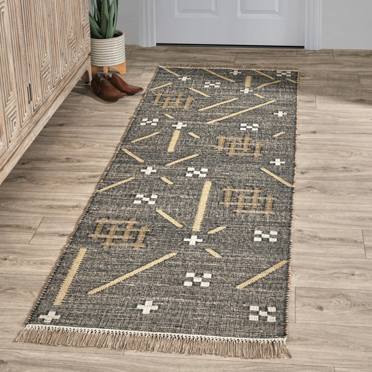 Handwoven Caviar Black Geometric Wool Blend Runner Rug