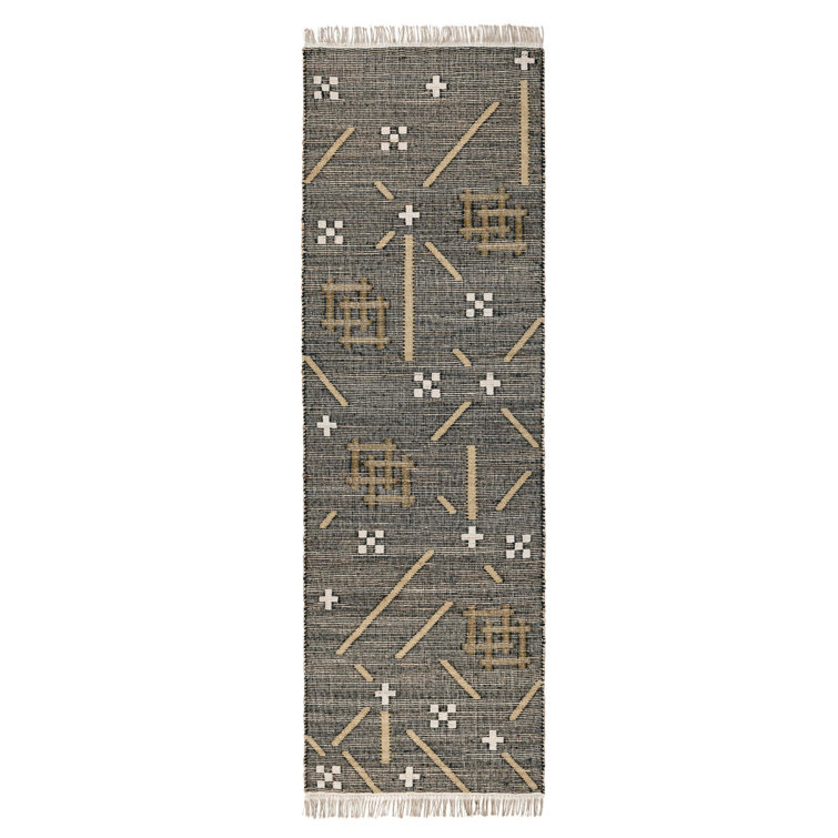 Handwoven Caviar Black Geometric Wool Blend Runner Rug