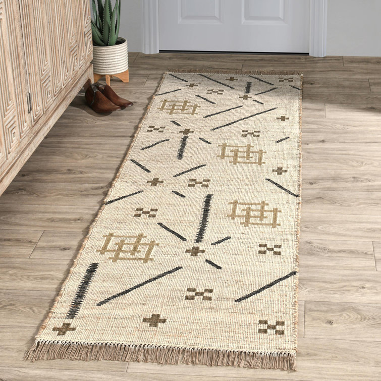 Handwoven Caviar Ivory Geometric Wool Area Rug Runner