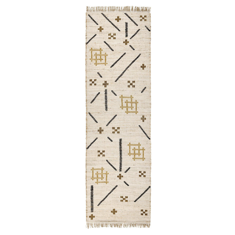 Handwoven Caviar Ivory Geometric Wool Area Rug Runner
