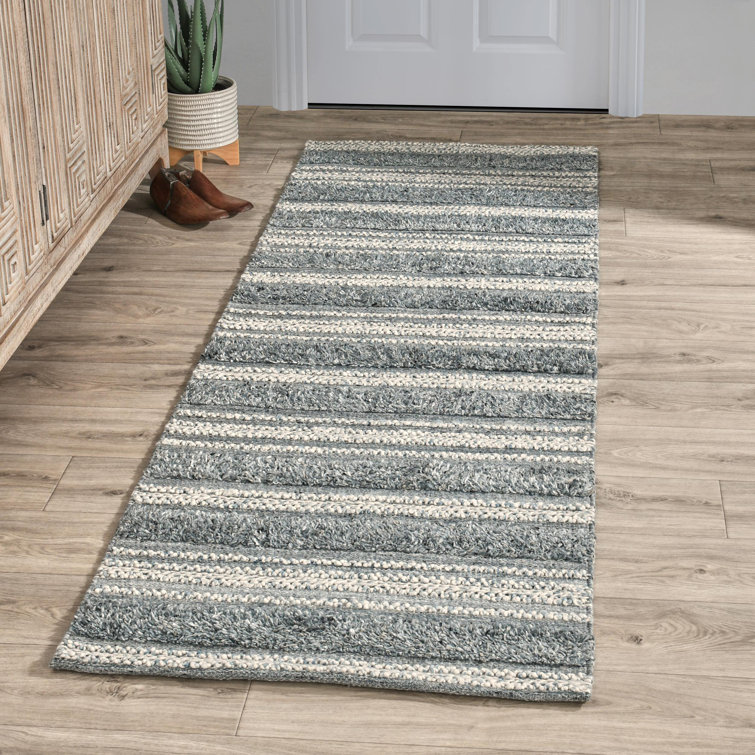 Handwoven Blue and Gray Striped Synthetic Indoor/Outdoor Rug