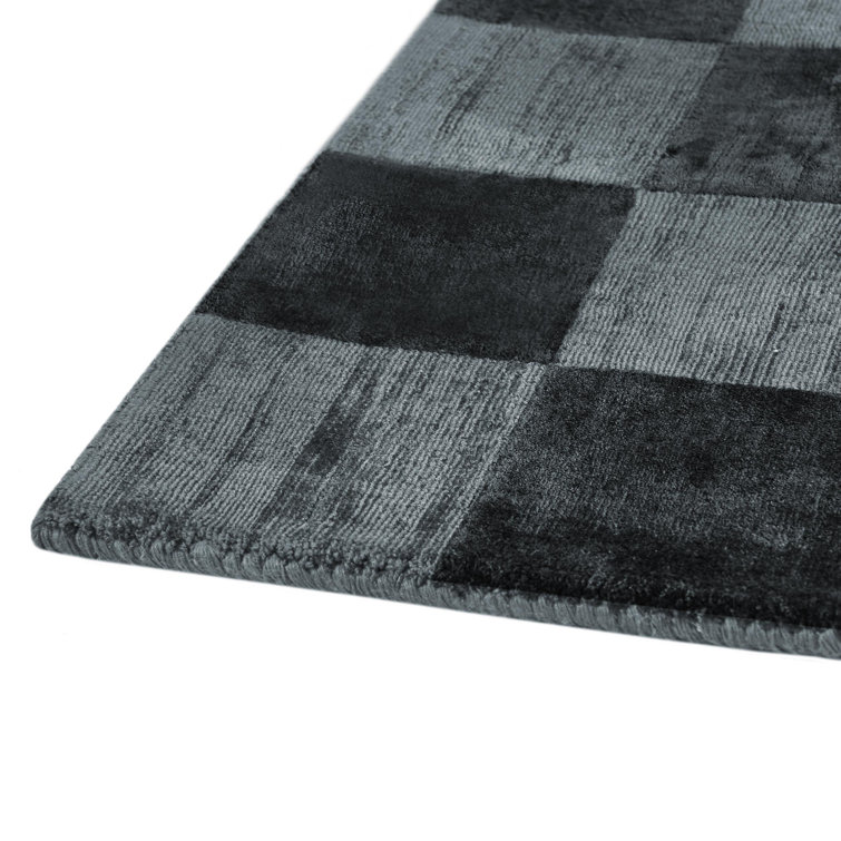 Handmade Dark Blue Viscose Checkered Rectangular Rug 5' x 8'
