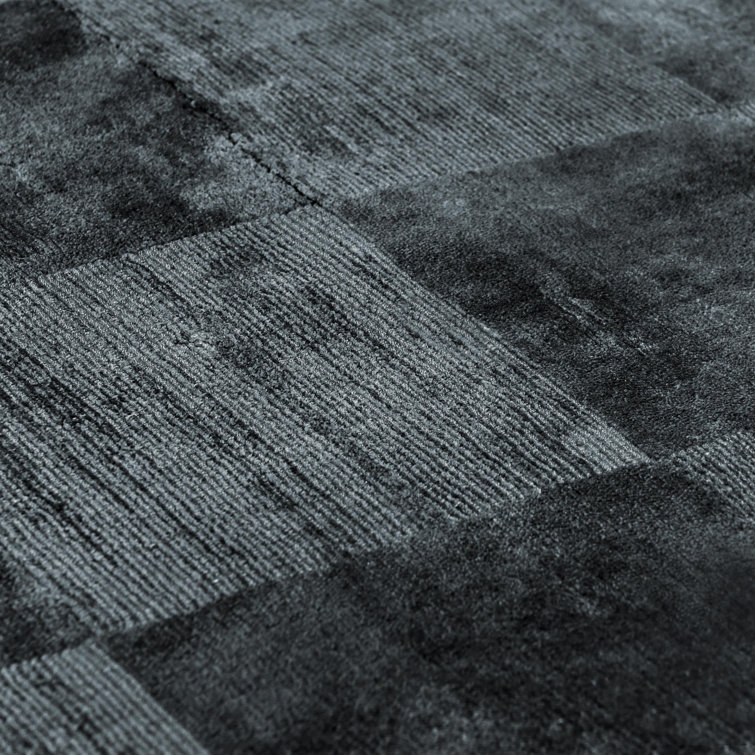 Handmade Dark Blue Viscose Checkered Rectangular Rug 5' x 8'