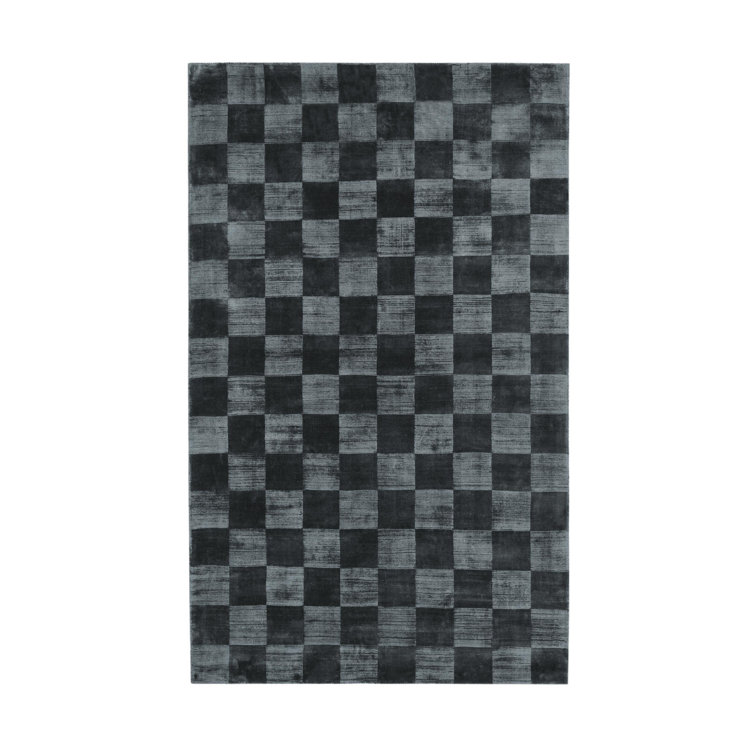 Handmade Dark Blue Viscose Checkered Rectangular Rug 5' x 8'