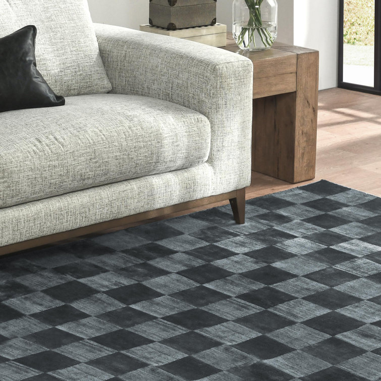 Handmade Dark Blue Viscose Checkered Rectangular Rug 5' x 8'