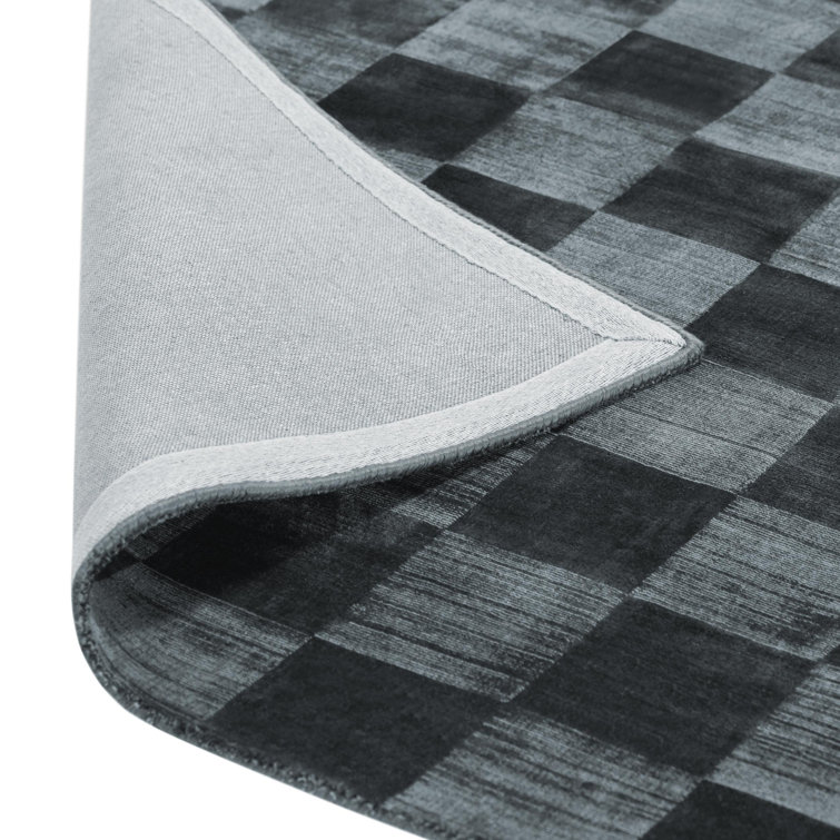Handmade Dark Blue Viscose Checkered Rectangular Rug 5' x 8'