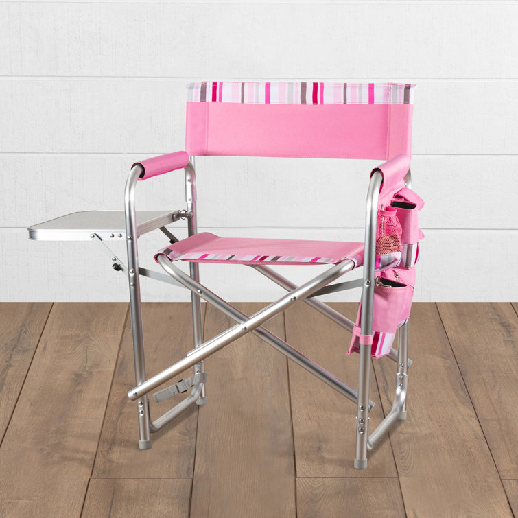 Pink Striped Aluminum Folding Camping Chair with Side Table