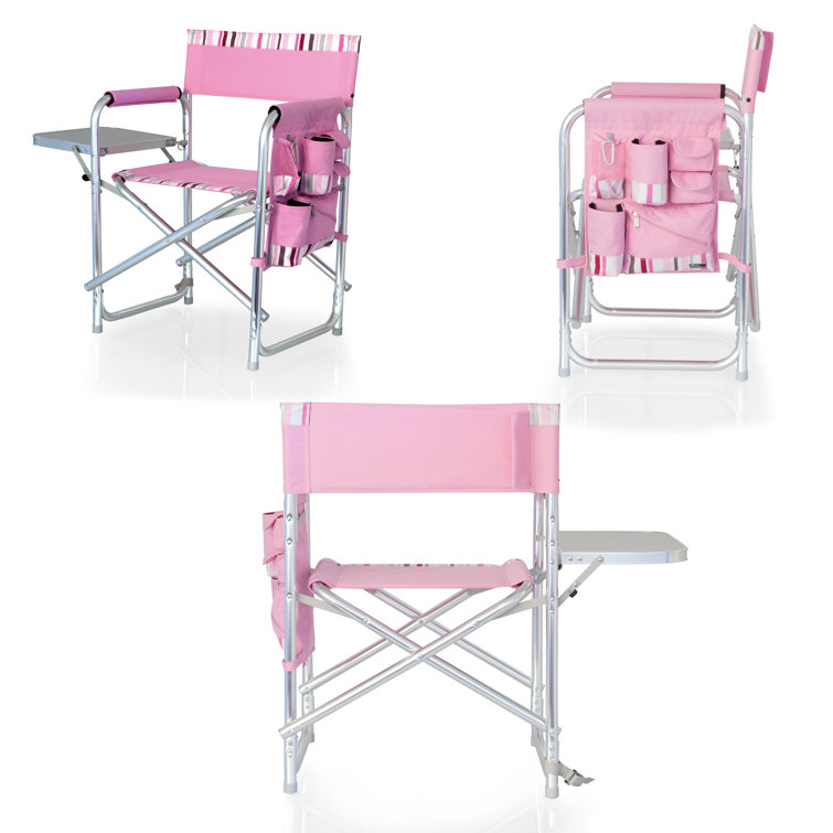 Pink Striped Aluminum Folding Camping Chair with Side Table