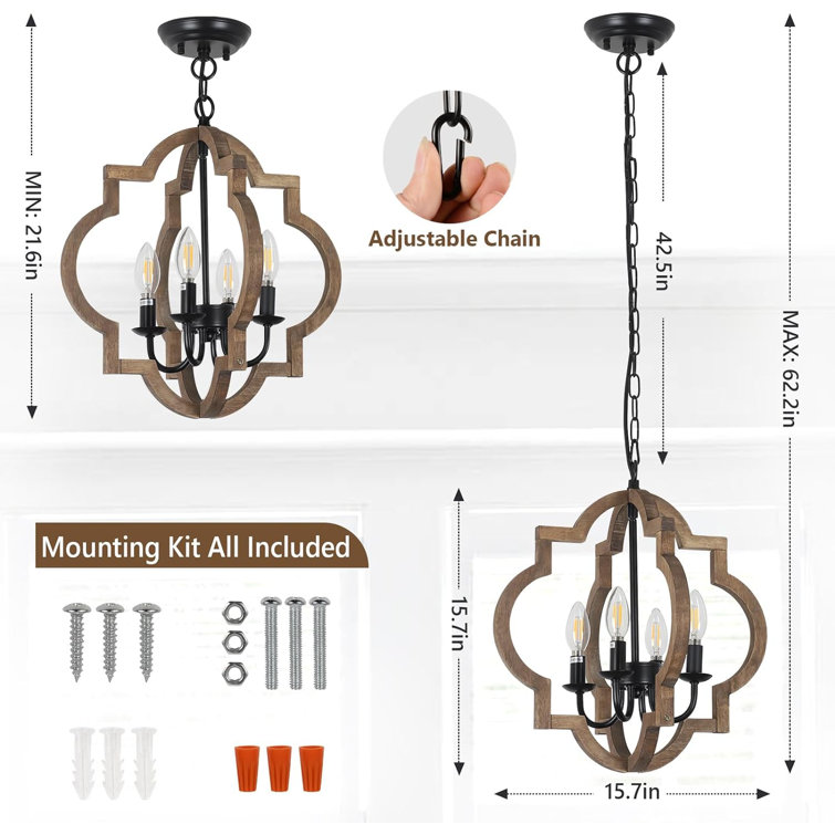 Brown Wood and Black Metal 4-Light Geometric Chandelier