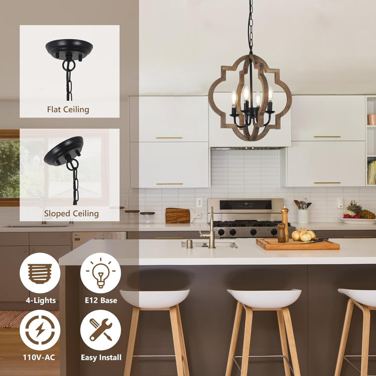 Brown Wood and Black Metal 4-Light Geometric Chandelier