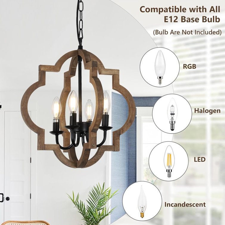 Brown Wood and Black Metal 4-Light Geometric Chandelier