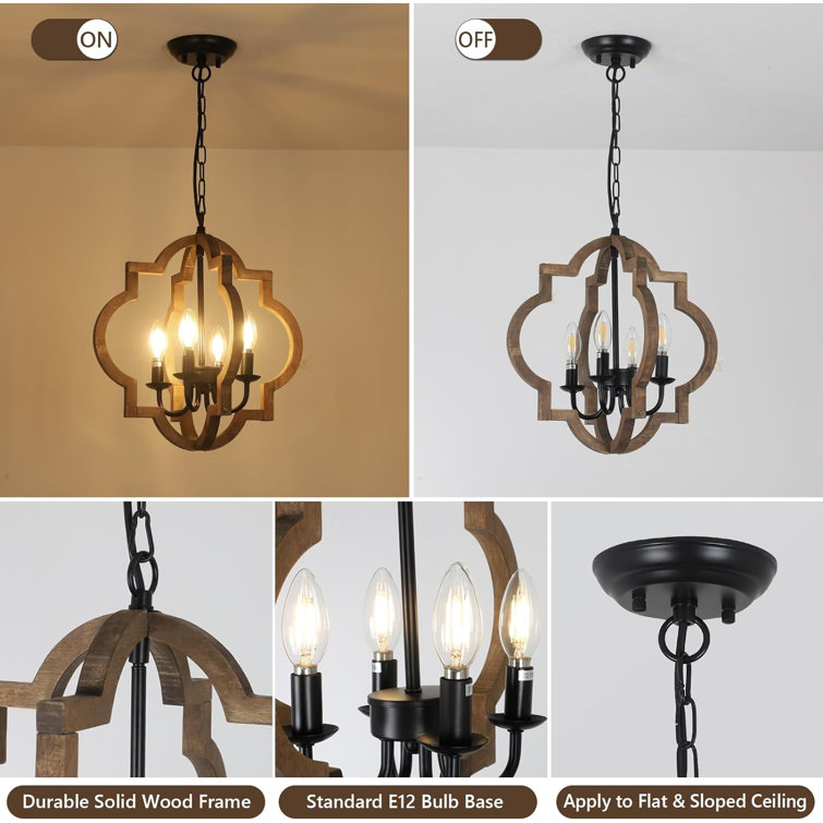 Brown Wood and Black Metal 4-Light Geometric Chandelier