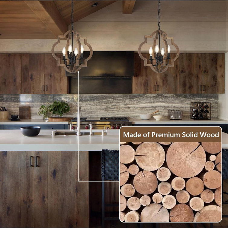 Brown Wood and Black Metal 4-Light Geometric Chandelier