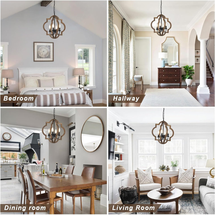 Brown Wood and Black Metal 4-Light Geometric Chandelier