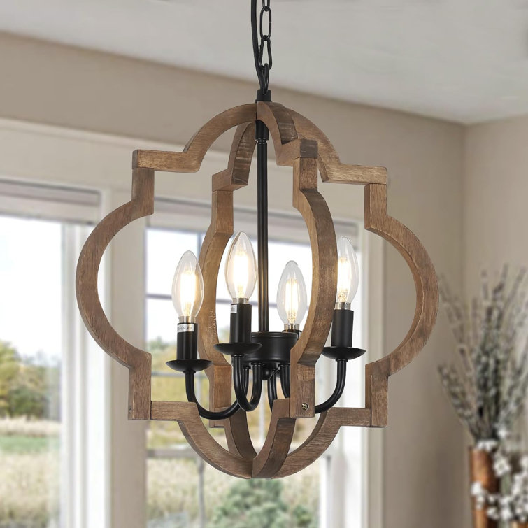 Brown Wood and Black Metal 4-Light Geometric Chandelier