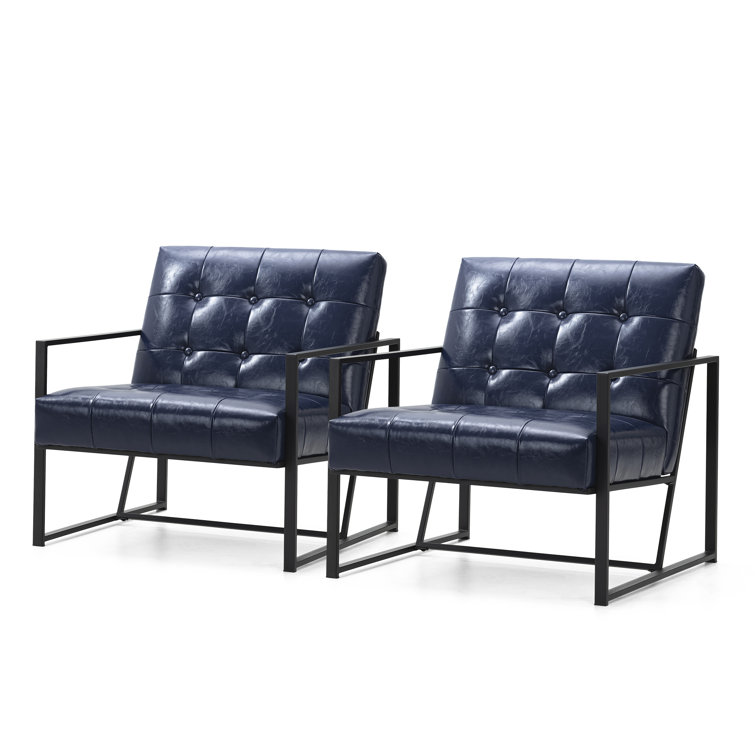 Navy Blue Faux Leather Barrel Accent Chair with Metal Frame