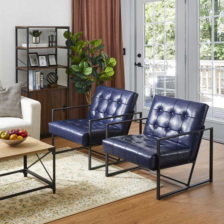 Navy Blue Faux Leather Barrel Accent Chair with Metal Frame