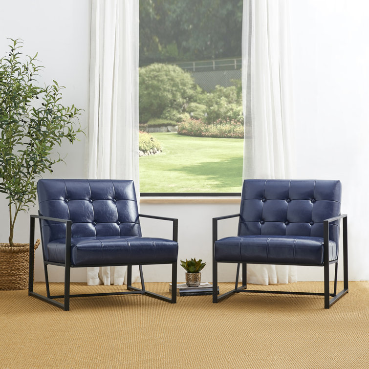 Navy Blue Faux Leather Barrel Accent Chair with Metal Frame