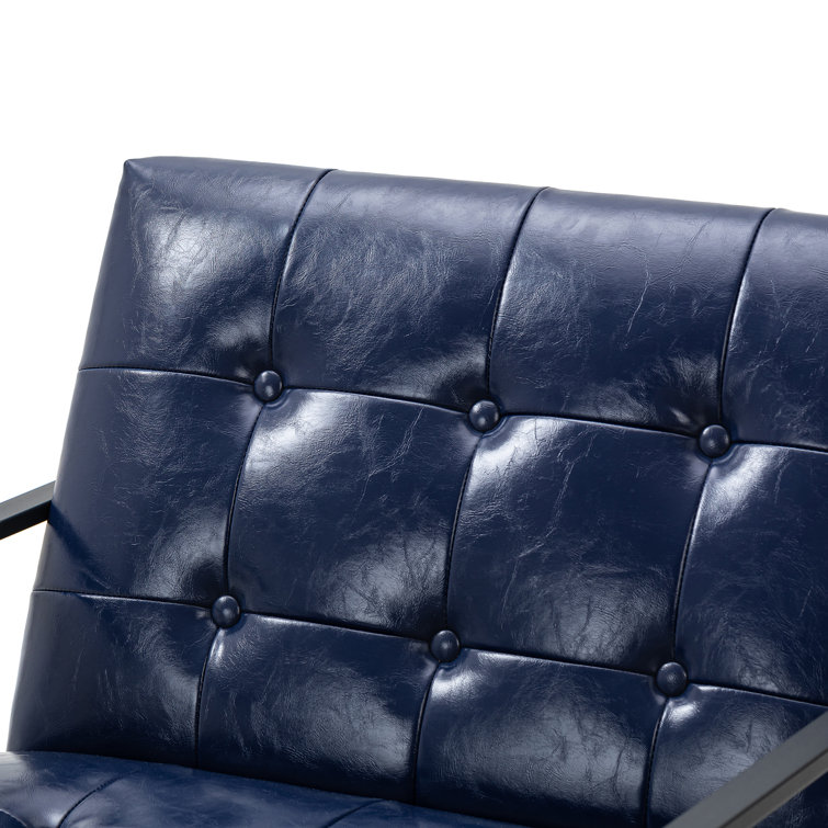 Navy Blue Faux Leather Barrel Accent Chair with Metal Frame