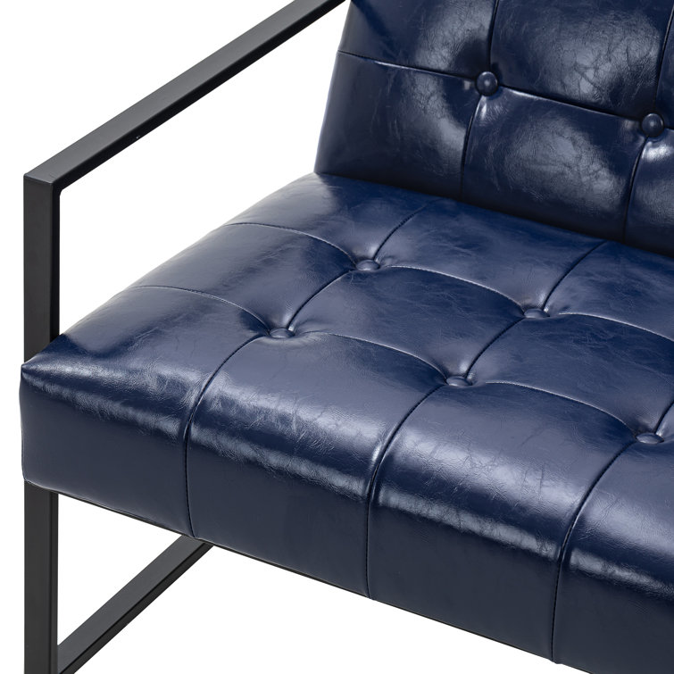 Navy Blue Faux Leather Barrel Accent Chair with Metal Frame
