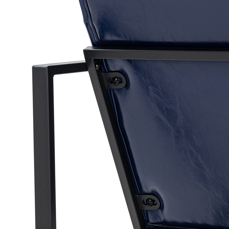 Navy Blue Faux Leather Barrel Accent Chair with Metal Frame