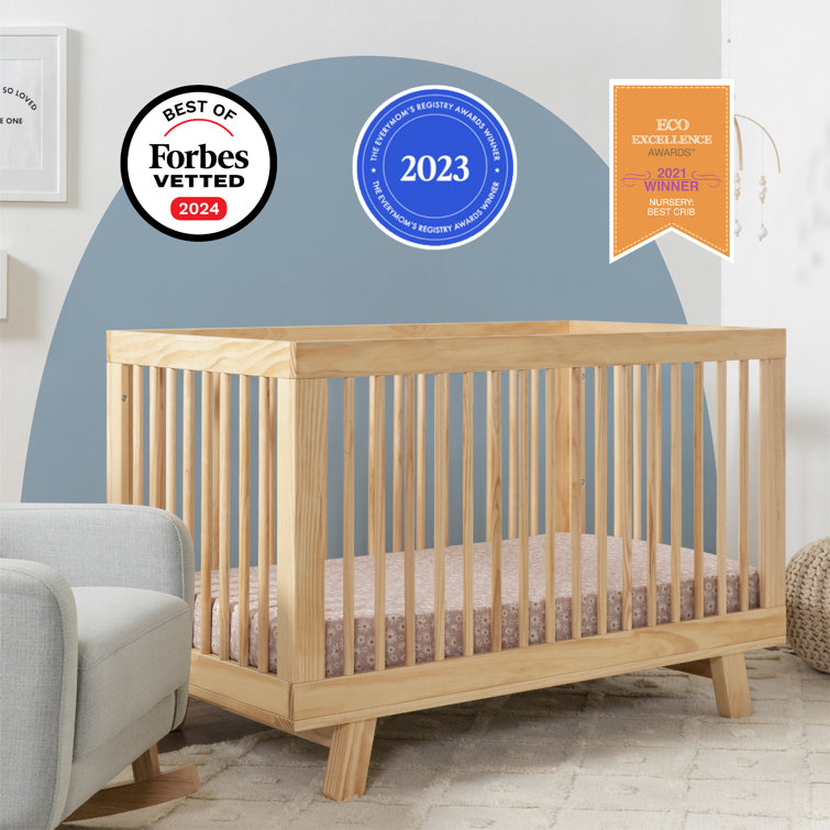 Natural Pine Wood 3-in-1 Convertible Crib with Toddler Rail