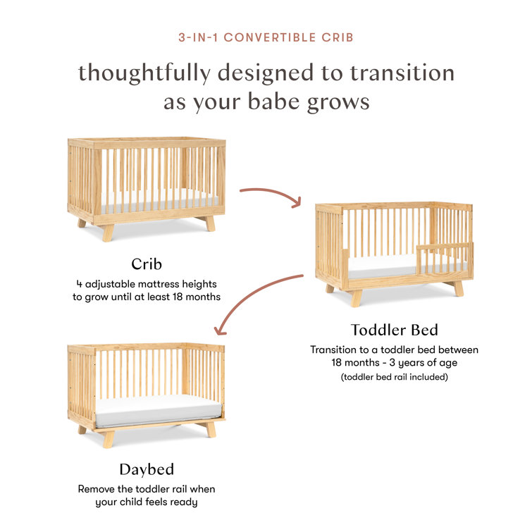 Natural Pine Wood 3-in-1 Convertible Crib with Toddler Rail