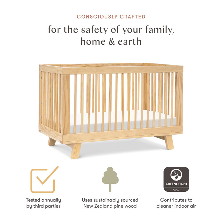 Natural Pine Wood 3-in-1 Convertible Crib with Toddler Rail