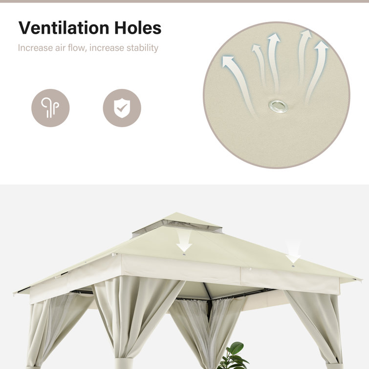 Creamy White Steel Patio Gazebo with Mosquito Netting and Curtains