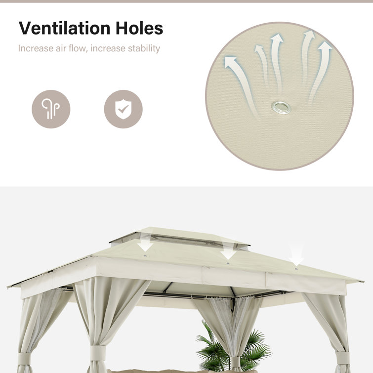 Creamy White Steel Patio Gazebo with Mosquito Netting and Curtains