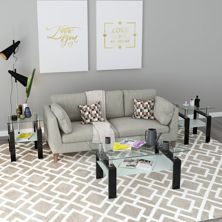 Clear Glass and Black Metal 3-Piece Coffee and End Table Set