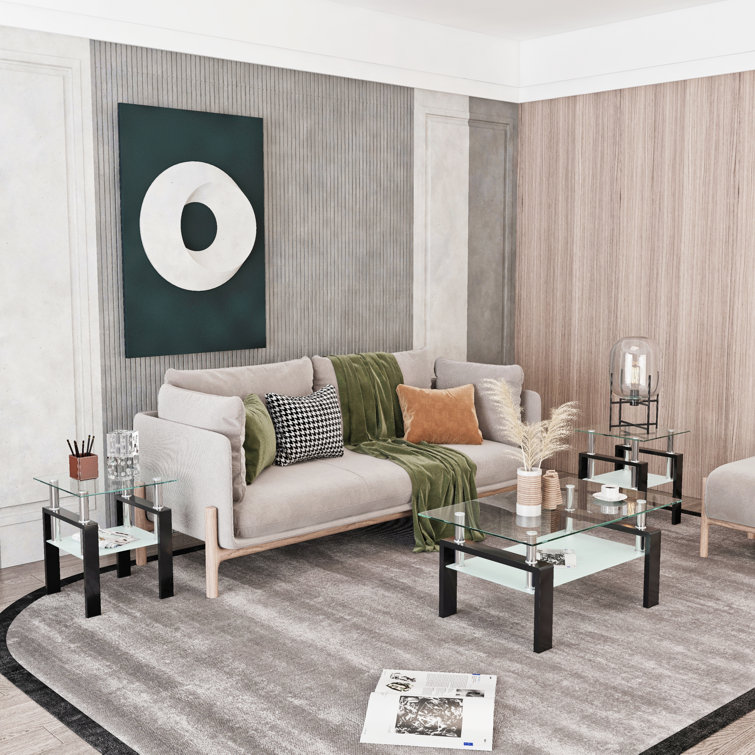 Clear Glass and Black Metal 3-Piece Coffee and End Table Set