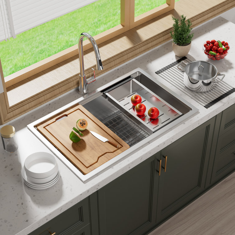 32" Stainless Steel Drop-in Single Bowl Workstation Kitchen Sink