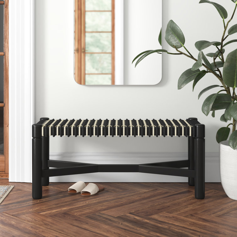 Black and Beige Handwoven Cord Seat Oak Bench